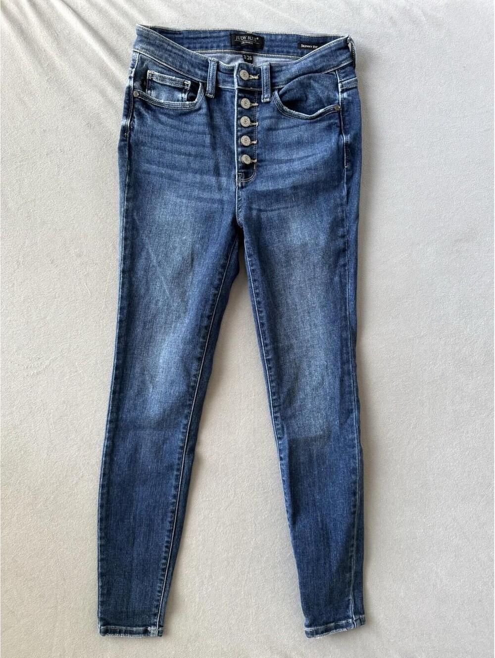 Judy Blue High Rise Skinny Jeans Womens 3/26 Dark Wash Button Fly Raw Hem